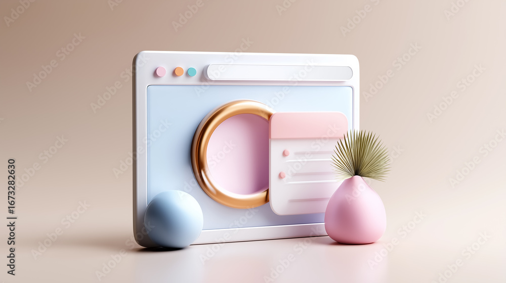 Poster web assistant design showcases pop-up interface featuring soft pastel colors and modern shapes. mini