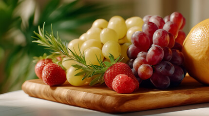 Fresh green and red grapes with strawberries and lemon arranged on wooden cutting board. Bright kitchen setting filled with natural light. Concept of healthy eating, fruit vendors, nutrition