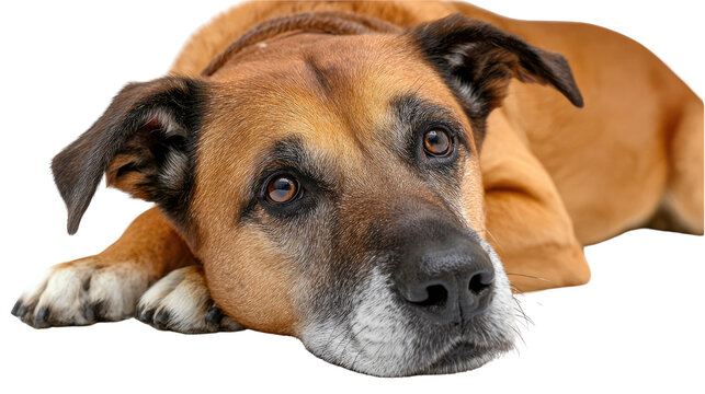Loyal Companion's Gaze: A close-up portrait of a dog's gentle eyes and alert posture, radiating warmth and steadfast loyalty, inviting the viewer into a connection of unspoken affection.
