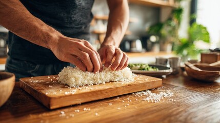 Close-up of a person?s hands preparing sushi rolls on a wooden cutting board in a kitchen