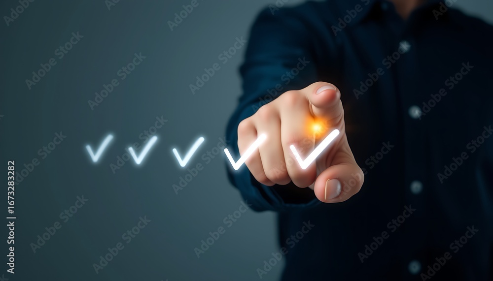 Aufkleber man's finger pointing at a glowing checkmark in a sequence of completed tasks checklist success