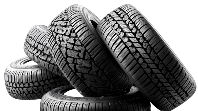 Tires and automotive parts: An array of black tires showcases the intricate tread patterns designed for optimal grip and performance.