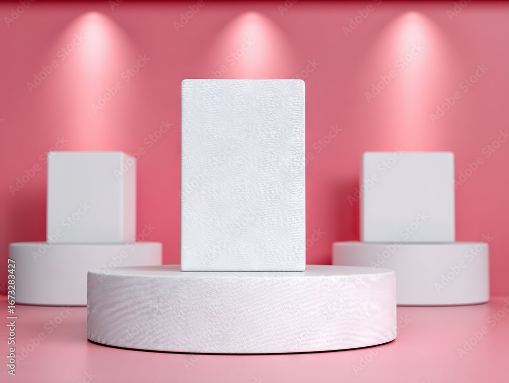 Poster White product podiums on pink background with soft lighting create modern and minimalistic display