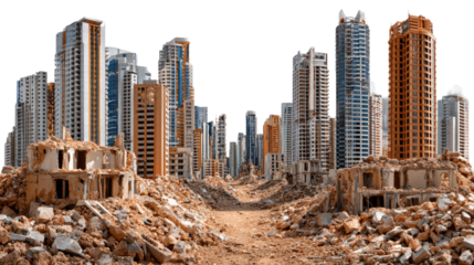 Urban Ruins: A striking contrast between towering skyscrapers and the rubble of destroyed buildings creating a sense of desolation and reflecting urban decay.