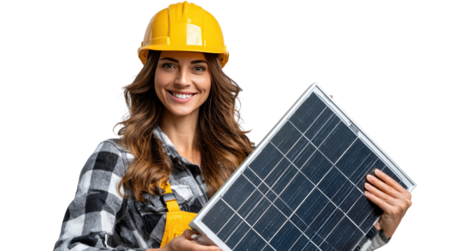 Sustainable Future Architect: An empowered woman, clad in professional attire, stands proudly with a solar panel, symbolizing a commitment to sustainability and a greener future.