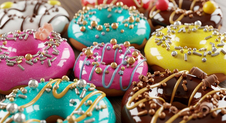 Bright 3D render of glossy donuts with vibrant, shiny frosting
