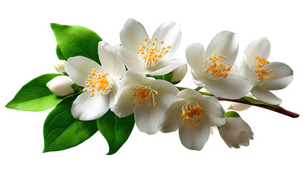 Jasmine Bloom in Bloom: A close-up, high-definition capture of delicate jasmine flowers on a verdant branch, revealing their intricate beauty with precision.