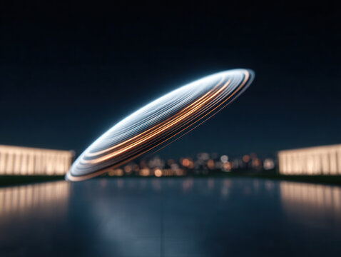 Glowing, rotating holographic disc hovers over reflective surface at night, with blurred city lights in background