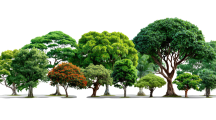 Diverse Trees: A vibrant collection of diverse trees showcasing varying shapes, sizes, and lush green foliage, creating a sense of natural harmony and ecological richness.