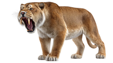 The Saber-Toothed Tiger's Roar: A digitally crafted image of the majestic saber-toothed tiger, showcasing its formidable roar and impressive features, a glimpse into a prehistoric realm.