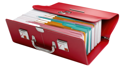 Organized Data: An organized red file briefcase showcasing a range of vibrant colored documents, symbolizing structure, and diligent organization. 