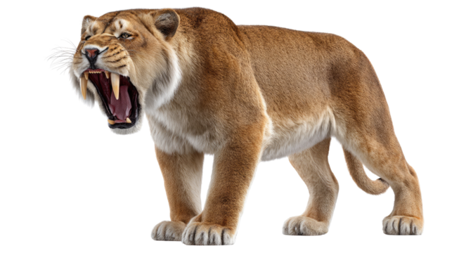 The Saber-Toothed Tiger's Roar: A digitally crafted image of the majestic saber-toothed tiger, showcasing its formidable roar and impressive features, a glimpse into a prehistoric realm.