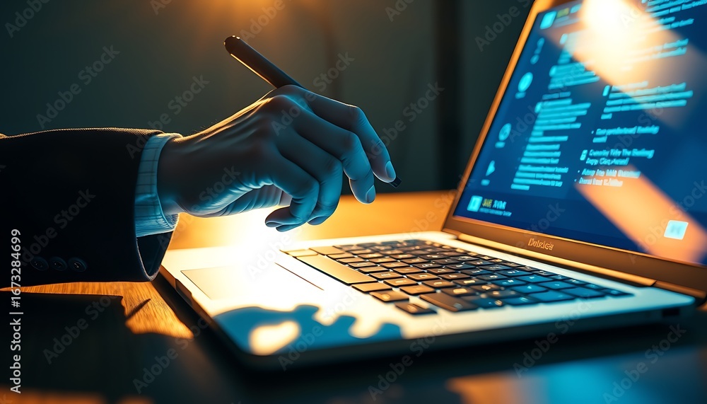 Poster person's hand with stylus interacting with laptop screen displaying code computer