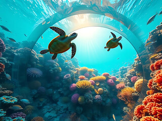 Two sea turtles swim through a vibrant, underwater tunnel with colorful coral reefs and marine life.