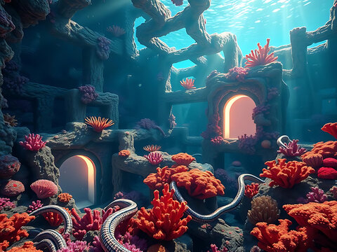 An underwater structure with coral, arches, and snake-like creatures glows with soft light.