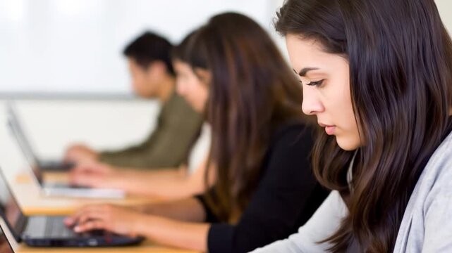 Concentrated student typing on a laptop in class