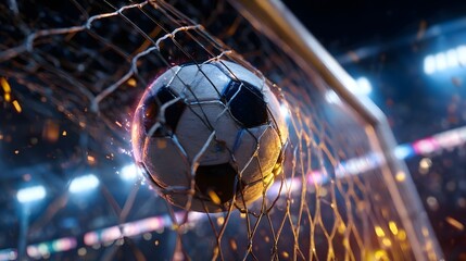 Dynamic soccer ball caught in the goal net with bright stadium lights blurring in the background during a match.