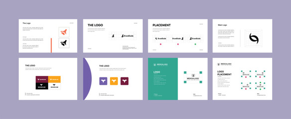 set of logo pages for brand guideline template. brand identity logo placement layout and professional logo book design