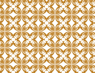 A symmetrical gold and white repeating floral and arabesque pattern.
