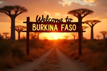 Welcome to Burkina Faso – rustic glowing sign in the Sahel savannah with baobab trees at sunset, cinematic 4K.