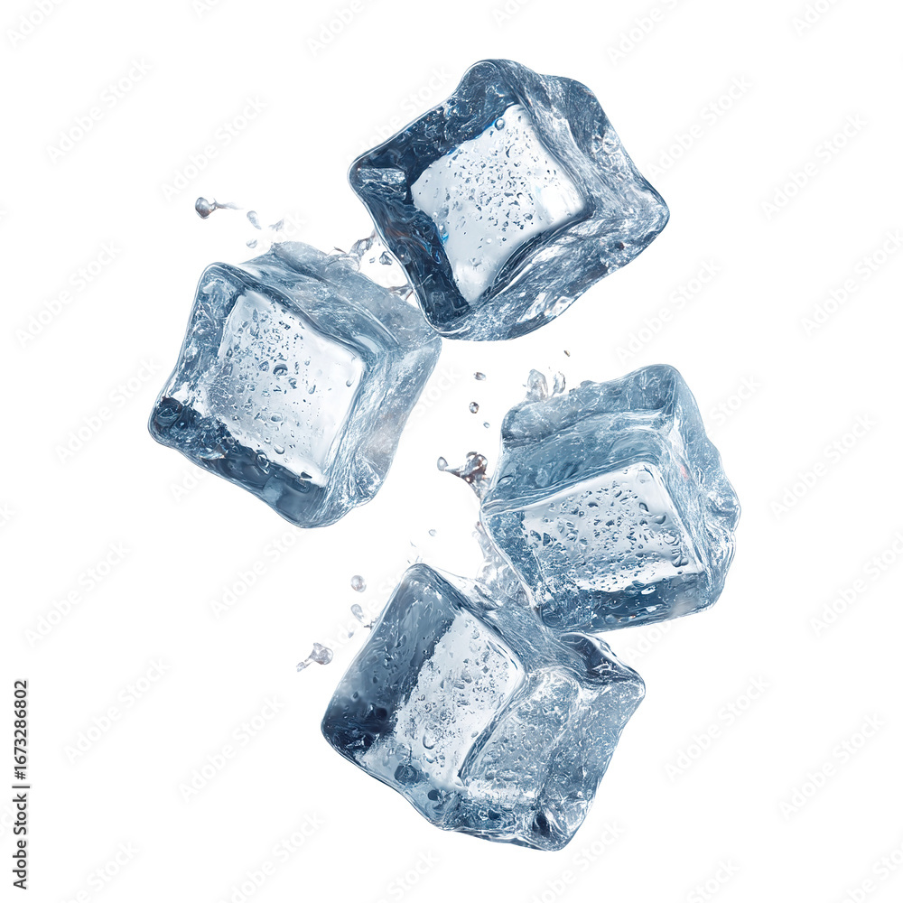 Poster set of transparent ice cubes with splashing water drops, isolated on transparent cutout background