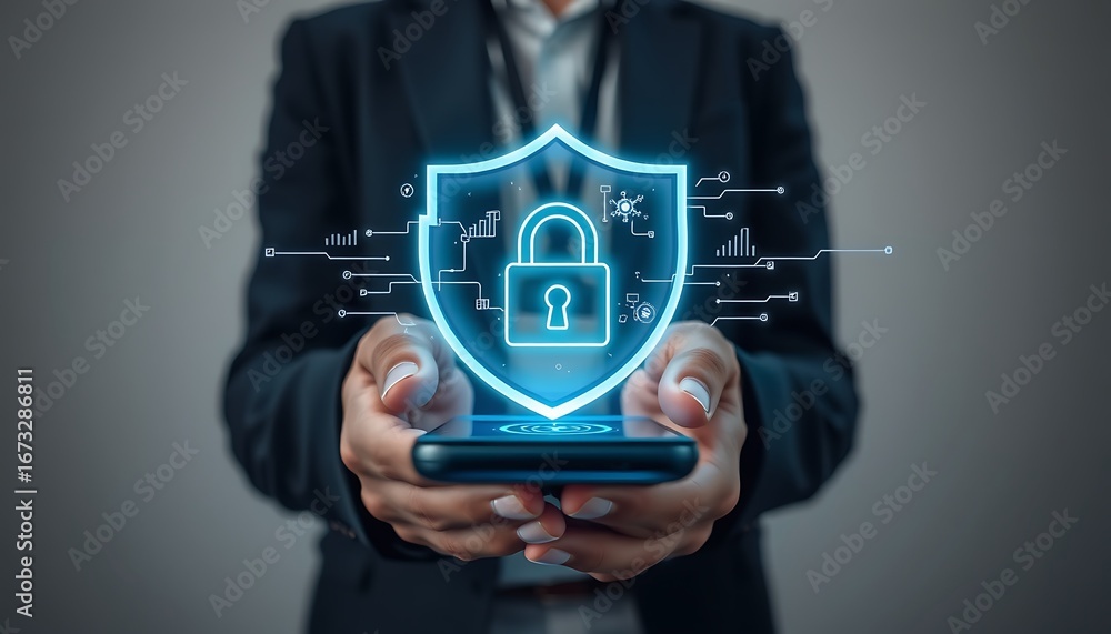 Poster person holding smartphone showing digital shield with padlock and network lines on gray background c