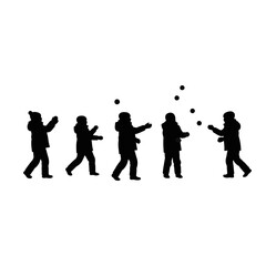 Happy children playing snowball fight, winter fun, vector silhouette.