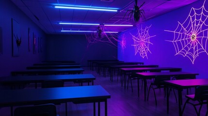 Halloween themed luxury classroom with neon purple lighting LED spider webs and sleek black desks creating an edgy spooky atmosphere with stylish elements that blend luxury with mystery