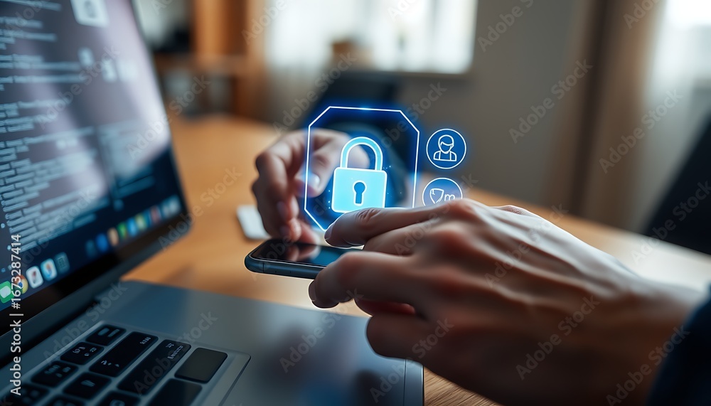 Poster person using smartphone and laptop with digital security lock icon and user icons cybersecurity data