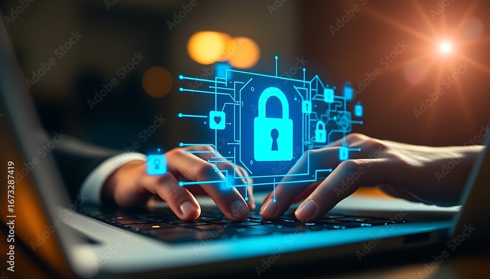 Aufkleber person working on laptop with digital security network and illuminated lock icons keywords: cybersec