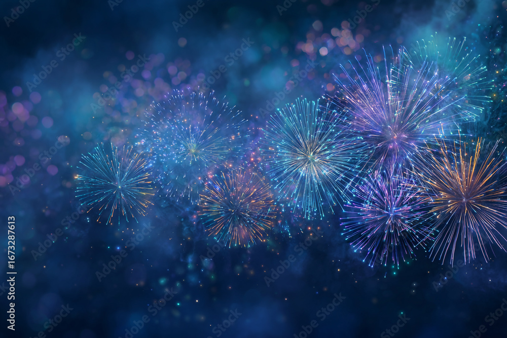 Poster colorful fireworks display exploding in the night sky with sparkling lights and bokeh effects a fest