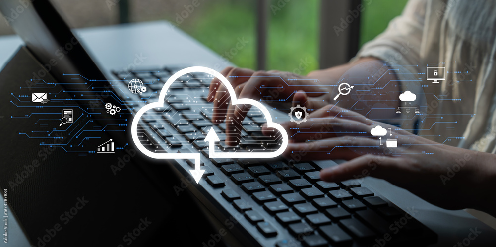 Poster cloud computing enables digital growth with secure data storage, scalable infrastructure, and strate