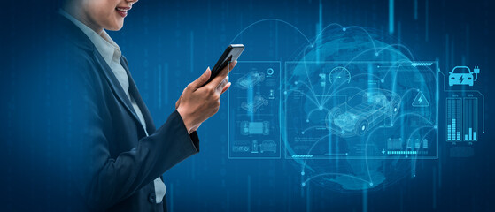 Technical layout of electric vehicle showing battery system, power control, traction motor, charging interface, and integration with renewable and smart energy sources Vouch