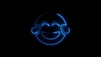 A neon blue laughter emoji shining brightly against a dark black background