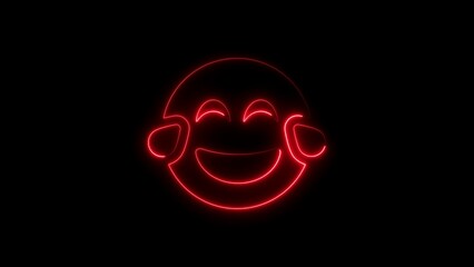 Illuminated neon red laughing face emoji on black background for digital communication