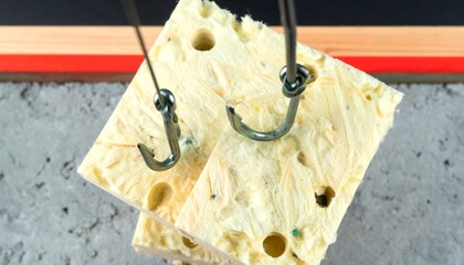Two fishing hooks piercing a piece of cheese on a textured surface.