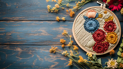 Embroidery set. White linen fabric, embroidery hoop, colorful threads and needls. Copy space ai generative