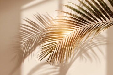 Fototapeta premium A palm frond casting a large, delicate shadow on a light tan wall, lit by soft, warm light emanating from the side
