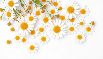 Obraz premium Delicate chamomile flowers scattered on pristine white background, flowers, healing