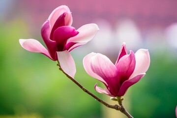 Obraz premium Pink Magnolia Blossoms Spring Floral Close Up Photography