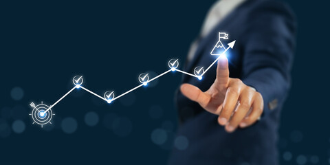 Business success roadmap concept. Points to a upward path marked by progress icons and check marks,...