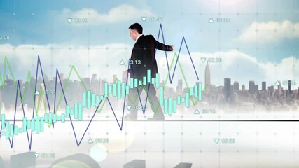 Animation of financial data processing and risk text over caucasian businessman people and cityscape - Powered by Adobe
