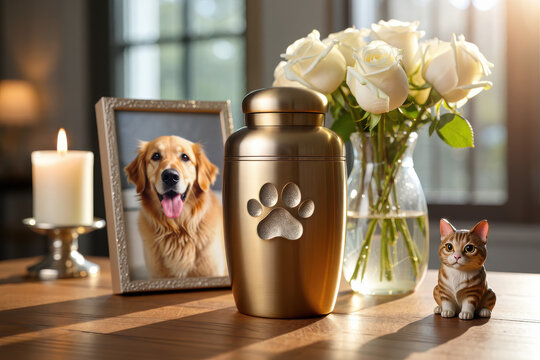 Golden urn with paw print beside dog photo candle flowers and cat figurine on wooden table in soft light