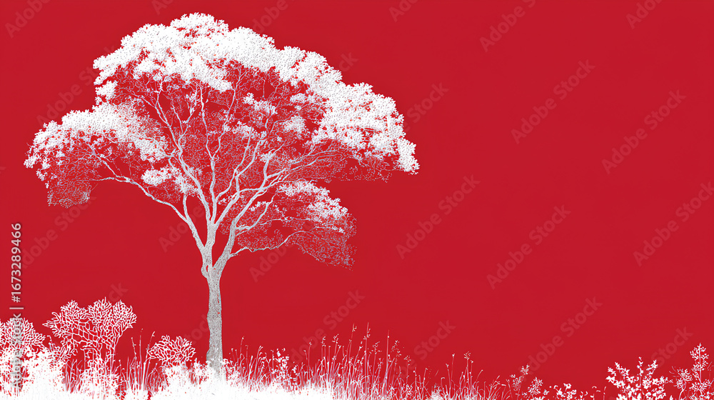 Poster modern red background with white tree silhouette on the bottom