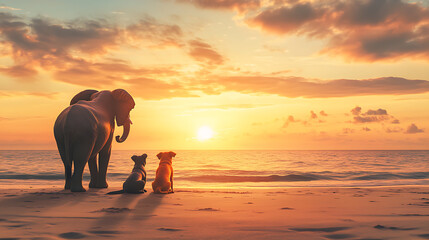 Elephant and Dog Watching Sunset on Beach, Unlikely Friendship, Concept of Peace and Companionship, Tranquil Seaside Evening, Inspirational Animal, Generative AI