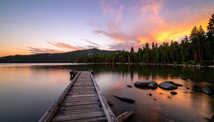 Obraz premium Tranquil sunset scenery over lake with wooden pier reflecting serene beauty