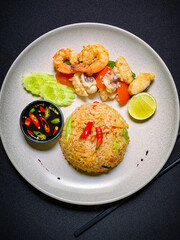 Thai seafood fried rice with shrimp, squid, and mussels stir-fried with jasmine rice, eggs, and aromatic seasonings for a savory flavor.