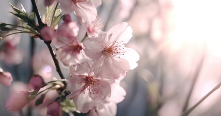 Obraz premium Close-up of soft pink cherry blossoms, some in bud, bathed in warm sunlight against a blurred background. Delicate details shine through
