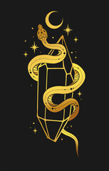 Boho magic poster with snake and crystal in trendy bohemian occult style. Black and gold colors. Can be used in poster art, tattoo art, t-shirt prints.