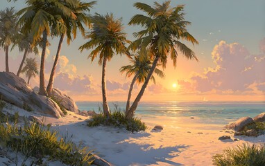 Idyllic tropical beach with white sand, crystal-clear turquoise water, and lush palm trees under a sunny sky.